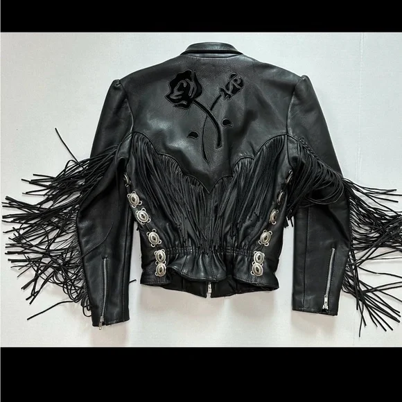 VTG Women’s Pro-Sports Leather Moto Jacket Fringe Conchos Roses Cinched Waist - Picture 2 of 15
